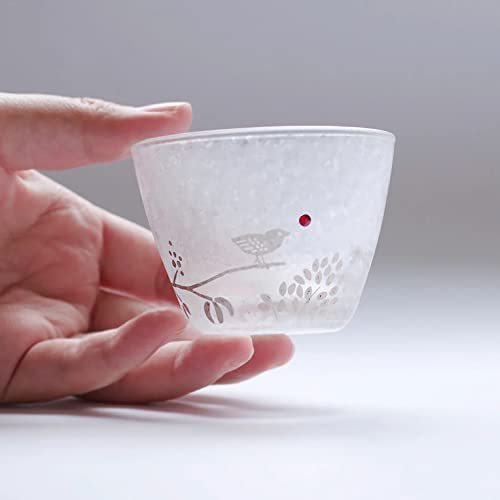 Tomi Label, Japanese Sake Cups, Ochoko, Beautiful Frosted Glass, Gold or Silver Print, Made in Japan, Tomi Glass F-011 (Bird)