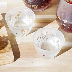 Tomi Label, Japanese Sake Cups, Ochoko, Beautiful Frosted Glass, Gold or Silver Print, Made in Japan, Tomi Glass F-011 (Bird)