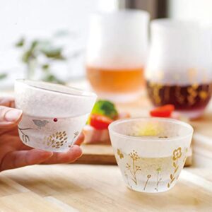 Tomi Label, Japanese Sake Cups, Ochoko, Beautiful Frosted Glass, Gold or Silver Print, Made in Japan, Tomi Glass F-011 (Bird)