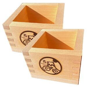 EDOYA Hinoki Wood Sake Cups (Set of 2) Japanese Box Masu with Japanese Lucky Brand (Long Life Fuji)