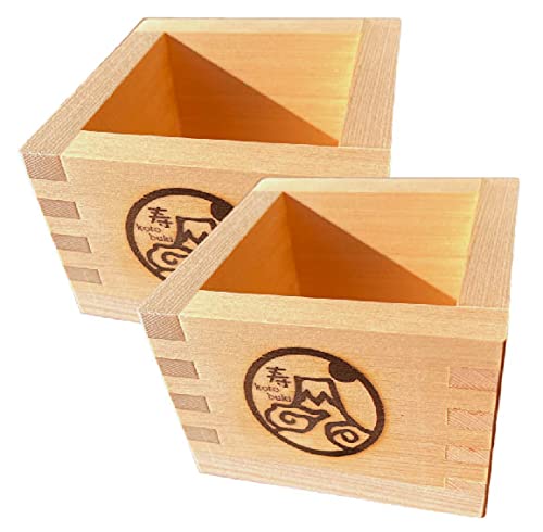 EDOYA Hinoki Wood Sake Cups (Set of 2) Japanese Box Masu with Japanese Lucky Brand (Long Life Fuji)