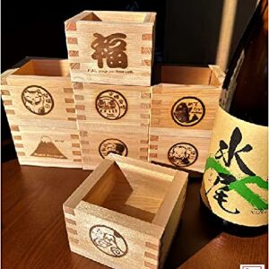 EDOYA Hinoki Wood Sake Cups (Set of 2) Japanese Box Masu with Japanese Lucky Brand (Long Life Fuji)