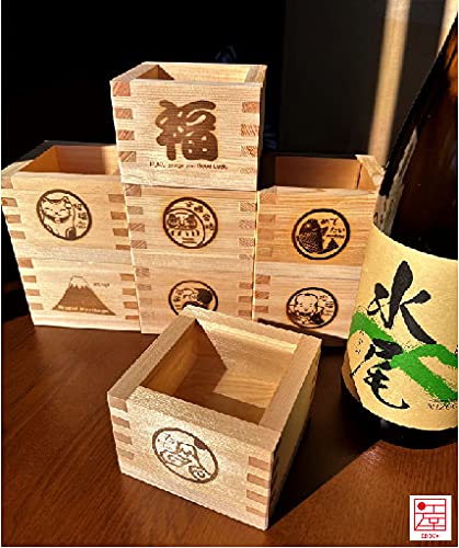 EDOYA Hinoki Wood Sake Cups (Set of 2) Japanese Box Masu with Japanese Lucky Brand (Long Life Fuji)