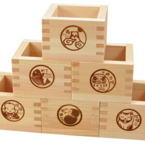 EDOYA Hinoki Wood Sake Cups (Set of 2) Japanese Box Masu with Japanese Lucky Brand (Long Life Fuji)