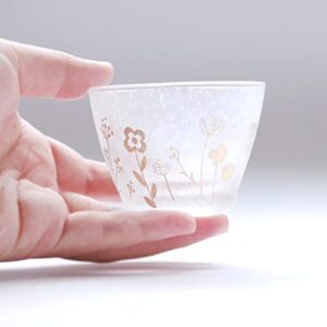 tomi label, japanese sake cups, ochoko, beautiful frosted glass, gold or silver print, made in japan, tomi glass f-011 (papillon)