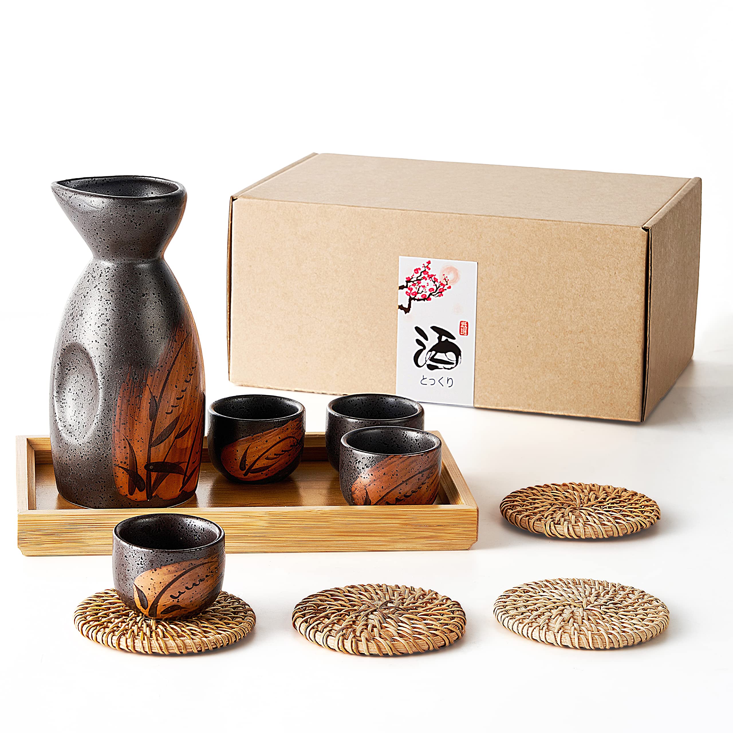 RECEESOON 10 Piece Traditional Japanese Sake Set with Tray, Korean Soju Glass, Black Sake Cups, Saki Cup Set, Japanese Gifts Set