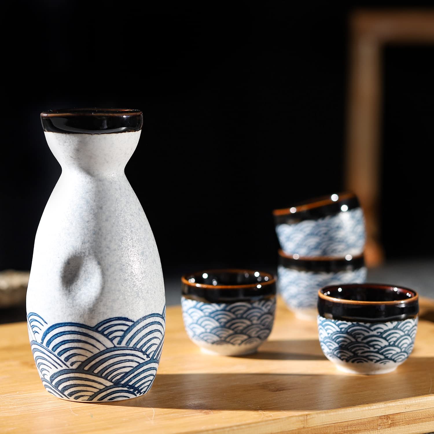 Sake Set Ceramic Japanese Sake Set of 7 include 1 Sake bottle 6 Sake Cups for Hot or Cold Sake at Home or Restaurant