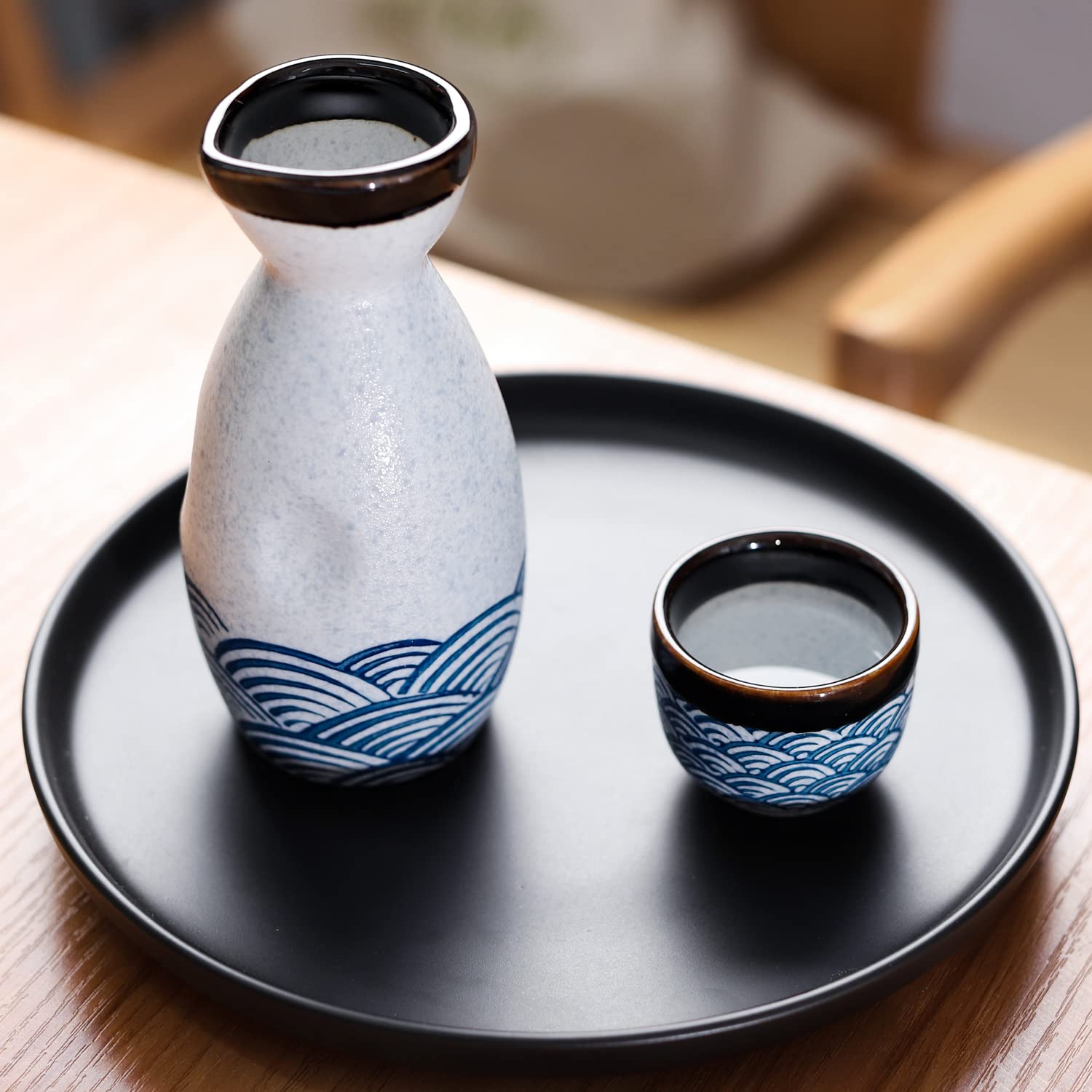 Sake Set Ceramic Japanese Sake Set of 7 include 1 Sake bottle 6 Sake Cups for Hot or Cold Sake at Home or Restaurant