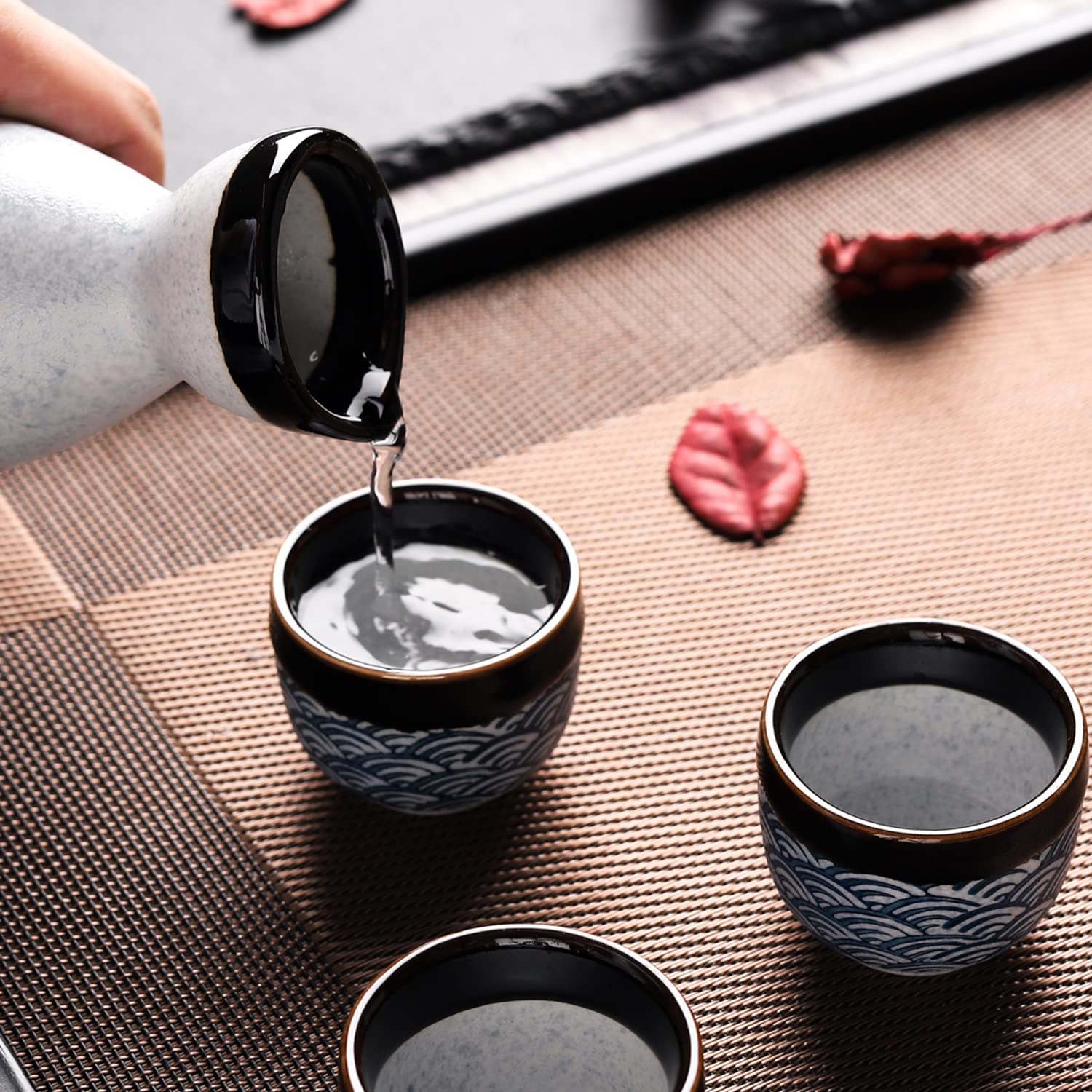 Sake Set Ceramic Japanese Sake Set of 7 include 1 Sake bottle 6 Sake Cups for Hot or Cold Sake at Home or Restaurant