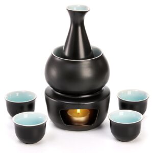 foraineam ceramic sake set with warmer, japanese style porcelain hot saki drink warmer set, 7 pieces set including 1 stove, 1 warming bowl, 1 sake bottle, 4 sake cups