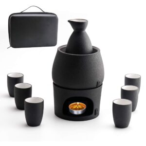 lyty ceramic sake set cups with warmer + sake saki drink storage gift box, porcelain pottery hot cold saki drink, 9pcs include 1 stove 1 warming bowl 1 sake bottle 6 cup