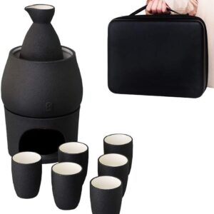Lyty Ceramic Sake Set Cups with Warmer + Sake Saki Drink Storage Gift Box, Porcelain Pottery Hot Cold Saki Drink, 9pcs Include 1 Stove 1 Warming Bowl 1 Sake Bottle 6 Cup