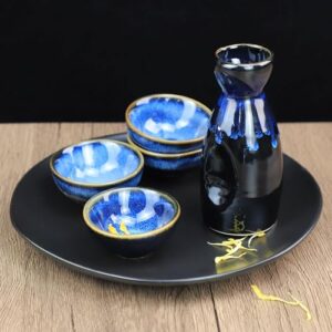 Sizikato 5PCS Kiln-Change Ceramics Sake Set Include 1PCS Sake Bottle and 4PCS Sake Cups