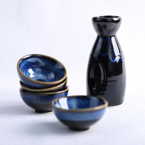 Sizikato 5PCS Kiln-Change Ceramics Sake Set Include 1PCS Sake Bottle and 4PCS Sake Cups