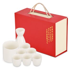 xingyan traditional japanese white porcelain sake 8pcs set with warmer pot gift box package,smooth ceramic surface best for home gift (pure white)