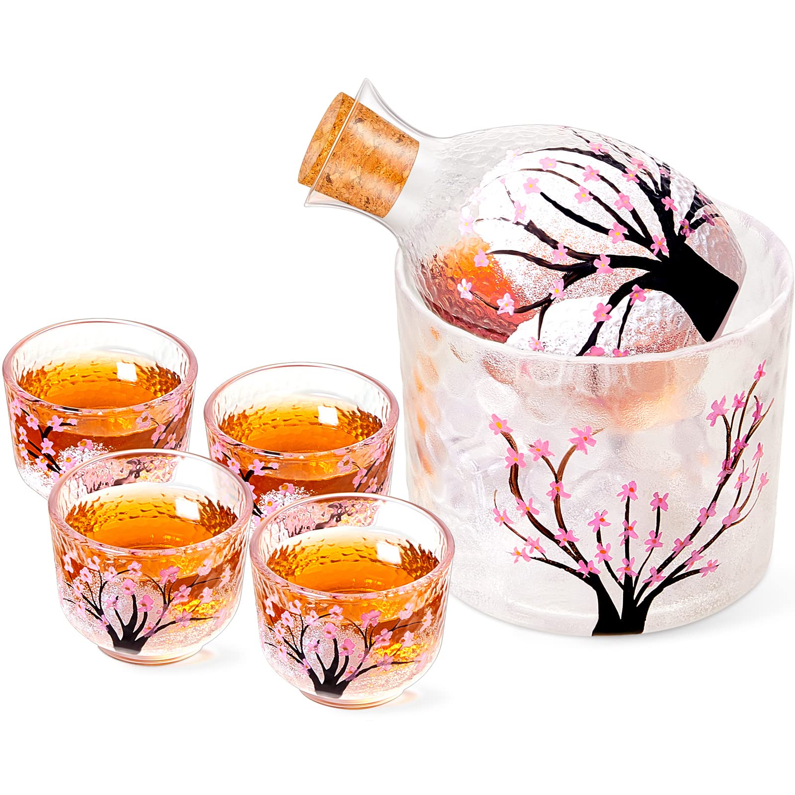 Irenare 6 Pieces Japanese Sake Set Saki Cup Set Pink Cherry Blossoms Sake Bottle Cup Set for 4, Including 1 Sake Bottle 1 Sake Tank and 4 Sake Cups for Cold Hot Warm Sake Carafe, Japanese Gifts Set