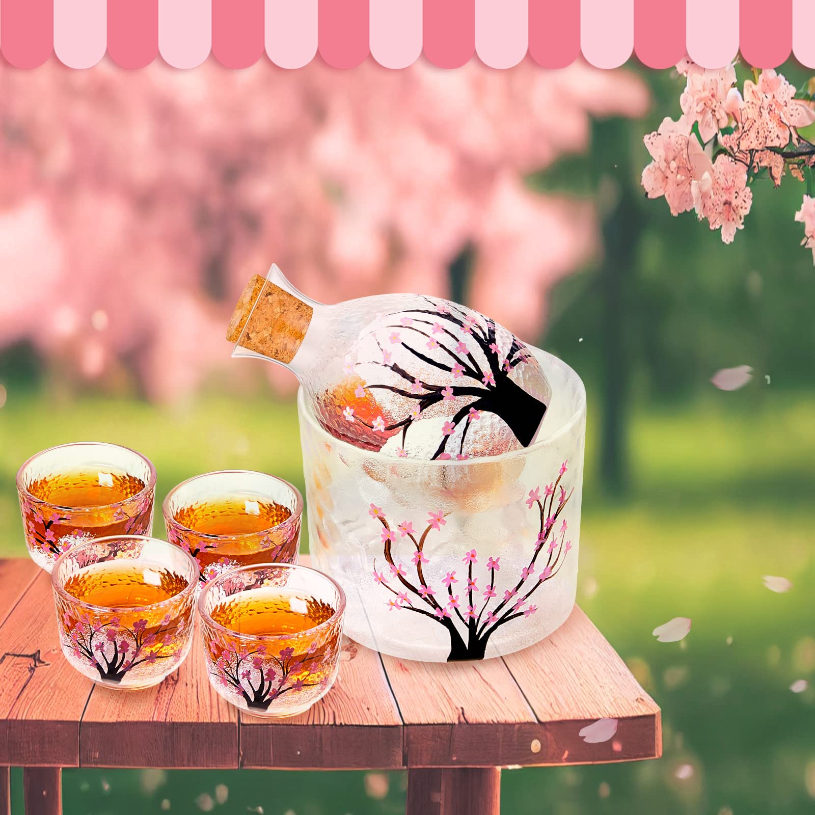 Irenare 6 Pieces Japanese Sake Set Saki Cup Set Pink Cherry Blossoms Sake Bottle Cup Set for 4, Including 1 Sake Bottle 1 Sake Tank and 4 Sake Cups for Cold Hot Warm Sake Carafe, Japanese Gifts Set