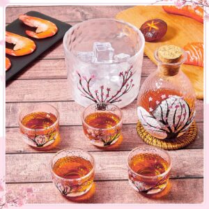 Irenare 6 Pieces Japanese Sake Set Saki Cup Set Pink Cherry Blossoms Sake Bottle Cup Set for 4, Including 1 Sake Bottle 1 Sake Tank and 4 Sake Cups for Cold Hot Warm Sake Carafe, Japanese Gifts Set