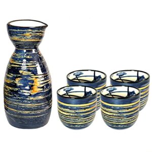 5 pieces sake set 200ml sake pot 50ml sake cup set japanese traditional hand painted design porcelain pottery ceramic cups crafts wine glasses (blue wise)