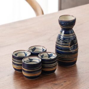 5 Pieces Sake Set 200ml Sake Pot 50ml Sake Cup Set Japanese Traditional Hand Painted Design Porcelain Pottery Ceramic Cups Crafts Wine Glasses (Blue Wise)