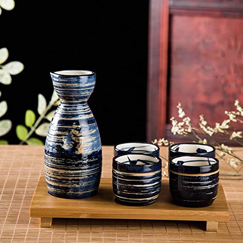 5 Pieces Sake Set 200ml Sake Pot 50ml Sake Cup Set Japanese Traditional Hand Painted Design Porcelain Pottery Ceramic Cups Crafts Wine Glasses (Blue Wise)