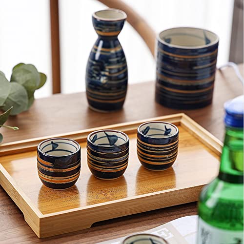 5 Pieces Sake Set 200ml Sake Pot 50ml Sake Cup Set Japanese Traditional Hand Painted Design Porcelain Pottery Ceramic Cups Crafts Wine Glasses (Blue Wise)