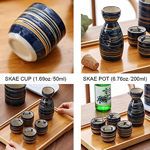 5 Pieces Sake Set 200ml Sake Pot 50ml Sake Cup Set Japanese Traditional Hand Painted Design Porcelain Pottery Ceramic Cups Crafts Wine Glasses (Blue Wise)