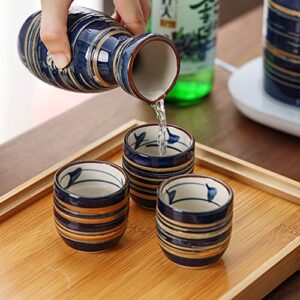 5 Pieces Sake Set 200ml Sake Pot 50ml Sake Cup Set Japanese Traditional Hand Painted Design Porcelain Pottery Ceramic Cups Crafts Wine Glasses (Blue Wise)