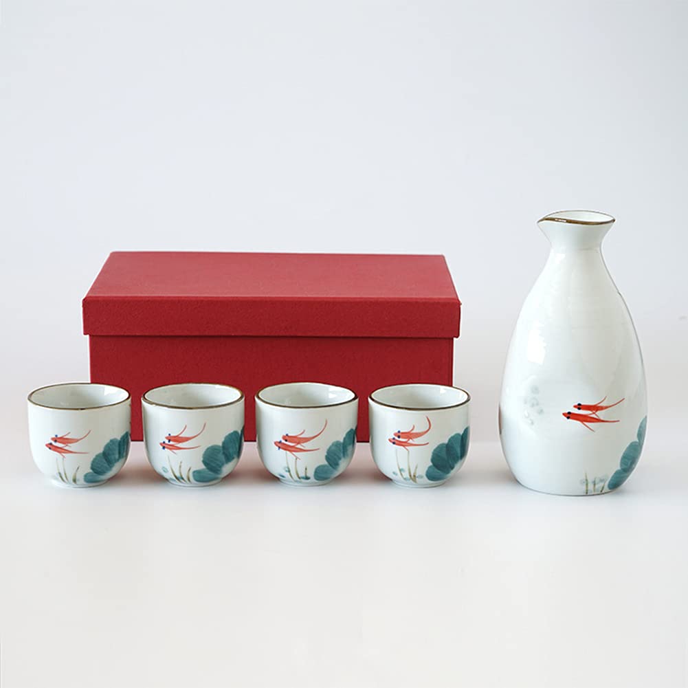 Sake Set 5 Pieces Traditional Japanese Sake Cup Set 4 Ochoko Cups 50ml and Tokkuri Bottle 350ml Hand Painted Design Porcelain Pottery Ceramic Cups Crafts Wine Glasses (Red Fish)