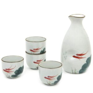 sake set 5 pieces traditional japanese sake cup set 4 ochoko cups 50ml and tokkuri bottle 350ml hand painted design porcelain pottery ceramic cups crafts wine glasses (red fish)