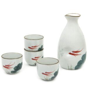 Sake Set 5 Pieces Traditional Japanese Sake Cup Set 4 Ochoko Cups 50ml and Tokkuri Bottle 350ml Hand Painted Design Porcelain Pottery Ceramic Cups Crafts Wine Glasses (Red Fish)