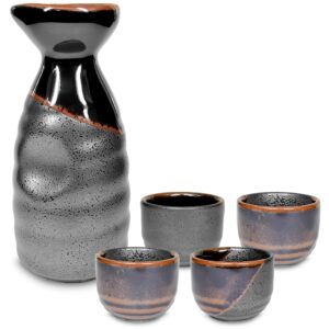 product of gifu japan mino ware traditional japanese sake set, tokkuri bottle and 4 ochoko cups, black kuro oribe