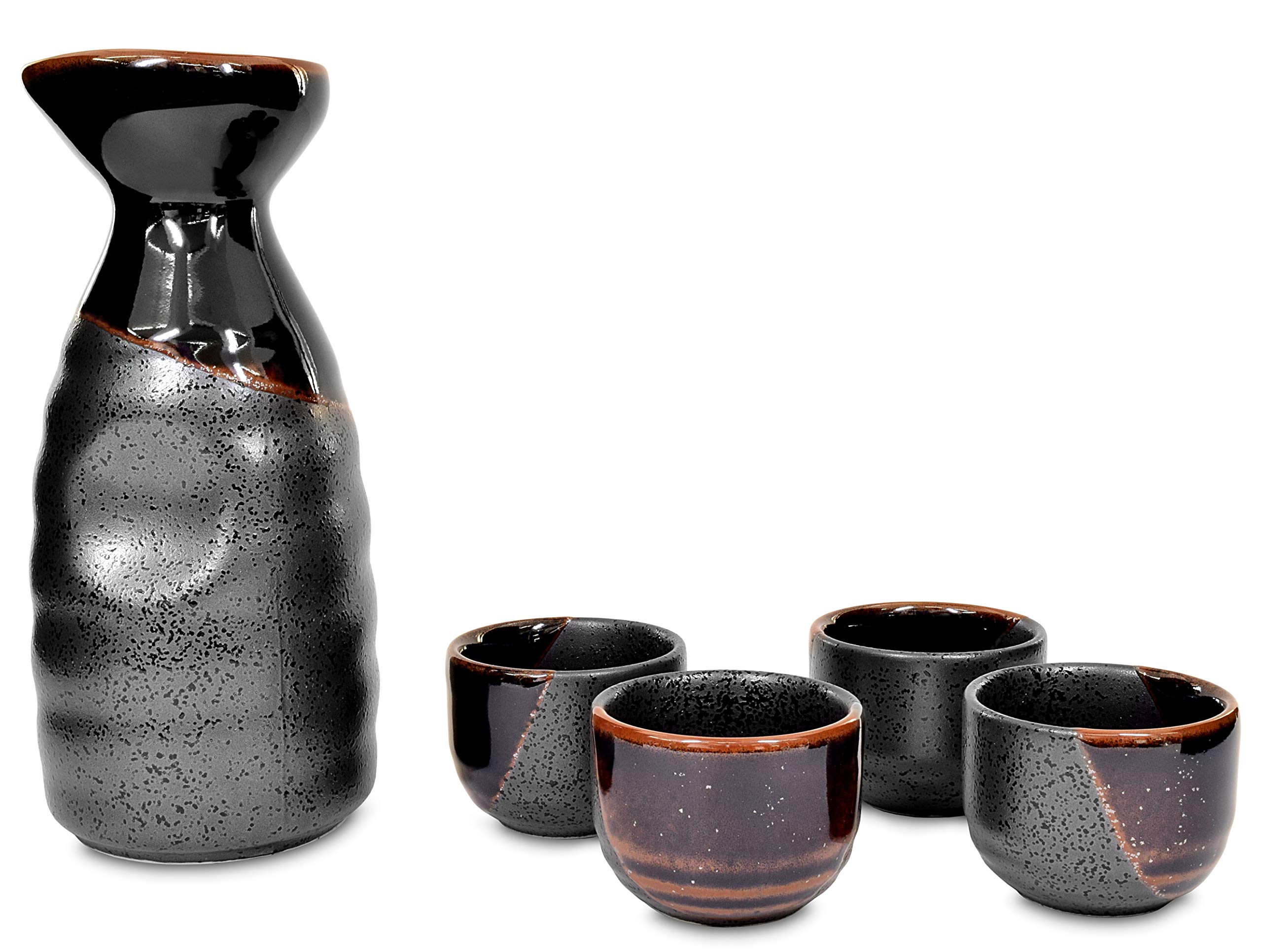 Product of Gifu Japan Mino Ware Traditional Japanese Sake Set, Tokkuri Bottle and 4 Ochoko Cups, Black Kuro Oribe
