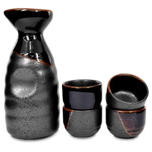 Product of Gifu Japan Mino Ware Traditional Japanese Sake Set, Tokkuri Bottle and 4 Ochoko Cups, Black Kuro Oribe