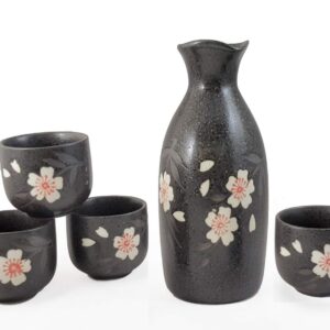 Happy Sales HSSS-WPB20, Black Porcelain Sake set Pink Blossom Design