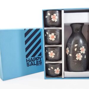 Happy Sales HSSS-WPB20, Black Porcelain Sake set Pink Blossom Design