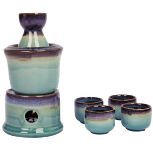 mygift 7 pc sake set with warmer, japanese style blue and purple ceramic sake serving gift set with 7.4 oz bottle carafe, 4 ochoko 1.7 oz cups and warmer