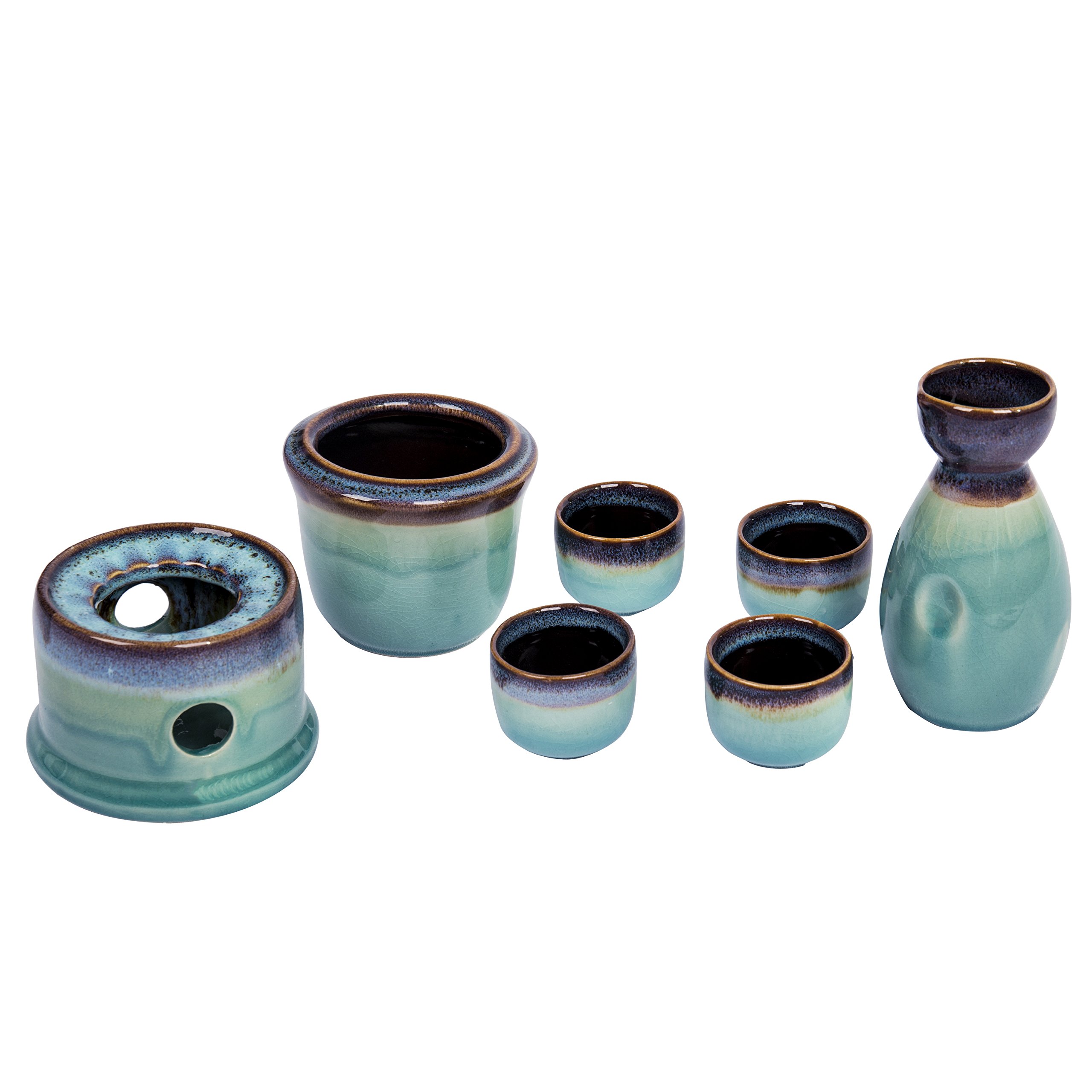 MyGift 7 Pc Sake Set with Warmer, Japanese Style Blue and Purple Ceramic Sake Serving Gift Set with 7.4 oz Bottle Carafe, 4 Ochoko 1.7 oz Cups and Warmer