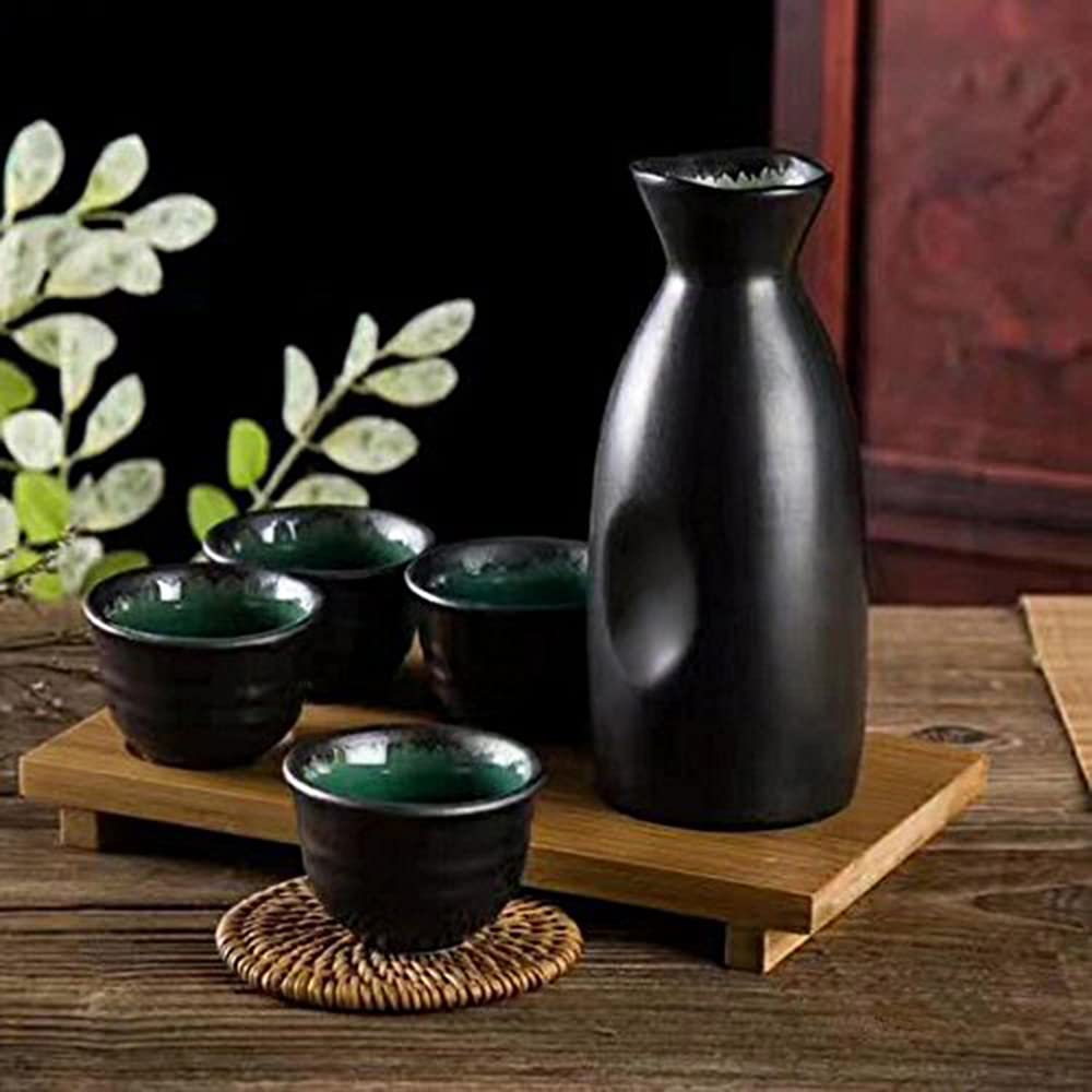 Sake Set Black Japanese 5 Pieces Traditional Japanese Sake Cup Set Hand Painted Design Porcelain Pottery Ceramic Cups Crafts Wine Glasses Gifts (Classic, 280 ML)