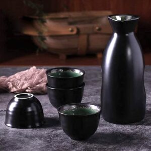 Sake Set Black Japanese 5 Pieces Traditional Japanese Sake Cup Set Hand Painted Design Porcelain Pottery Ceramic Cups Crafts Wine Glasses Gifts (Classic, 280 ML)