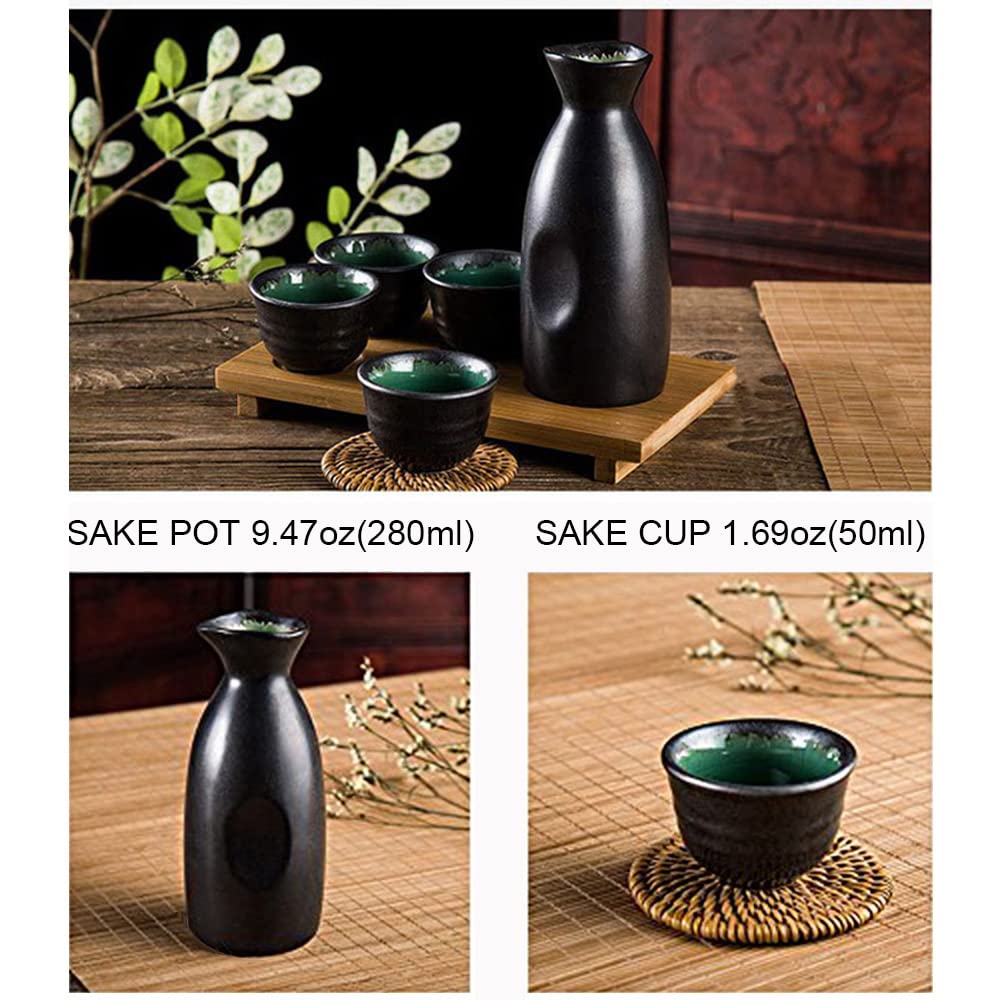 Sake Set Black Japanese 5 Pieces Traditional Japanese Sake Cup Set Hand Painted Design Porcelain Pottery Ceramic Cups Crafts Wine Glasses Gifts (Classic, 280 ML)