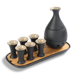 teanagoo ceramic sake set with warmer pot bamboo tray, 10pcs/set. t2 regular kraf box safe packing, sake carafe(6 oz) with 6 sake cups (0.9 oz) for hot or cold japanese soju…