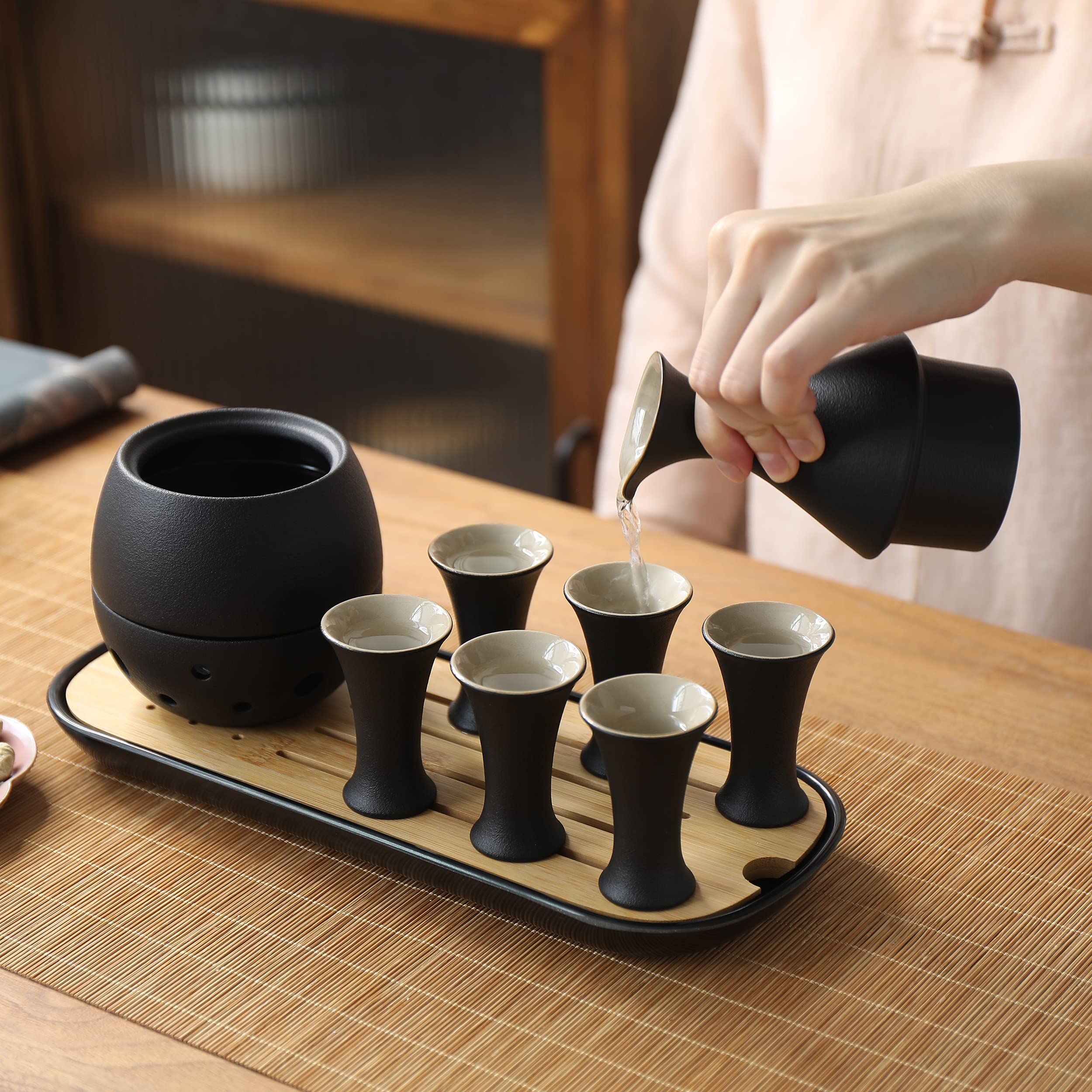 TEANAGOO Ceramic Sake Set with Warmer Pot Bamboo Tray, 10pcs/Set. T2 Regular Kraf Box Safe Packing, Sake Carafe(6 Oz) with 6 Sake Cups (0.9 Oz) for Hot or Cold Japanese Soju…