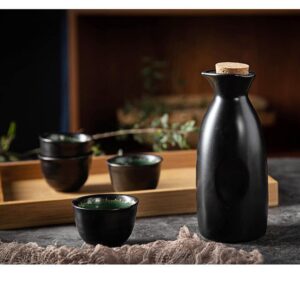 CoreLife Sake Set, Traditional 5 pcs Porcelain Ceramic Japanese Sake Sets with Sake Serving Bottle and 4 Sake Cups - Turquoise Black