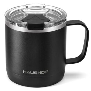 haushof 14 oz coffee mug, insulated coffee mug with handle, travel camping cup, portable stainless steel coffee cup, insulated coffee cups with lid, black