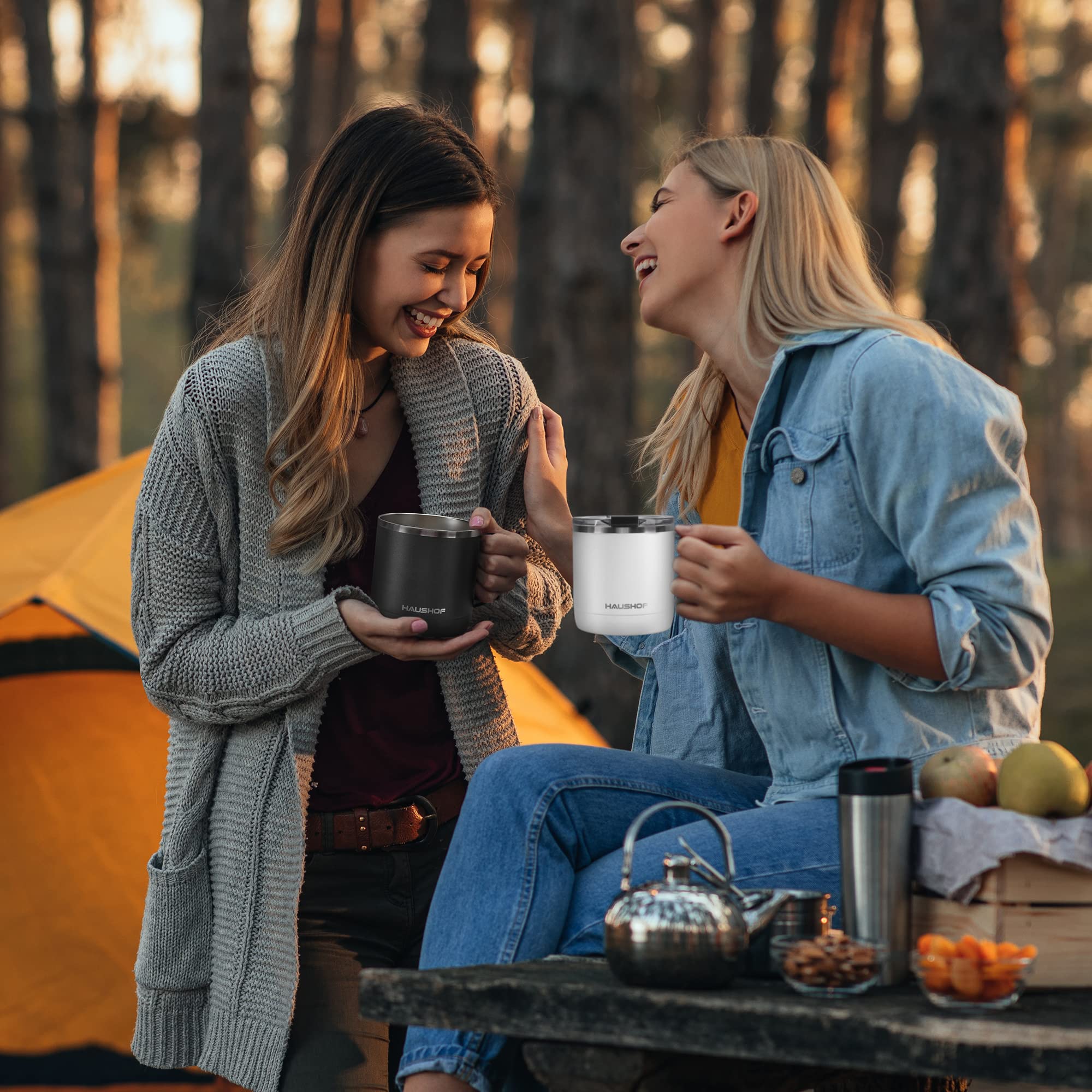 HAUSHOF 14 oz Coffee Mug, Insulated Coffee Mug with Handle, Travel Camping Cup, Portable Stainless Steel Coffee Cup, Insulated Coffee Cups with Lid, Black