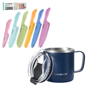 haushof navy blue 14 oz coffee mug and 6pc kitchen knife set