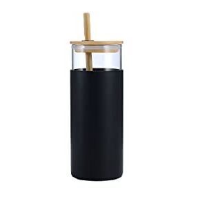 20 Oz Glass Water bottle with bamboo lid Glass Tumbler with silicone protective sleeve Cup (black) Glass water bottle Coffee cup