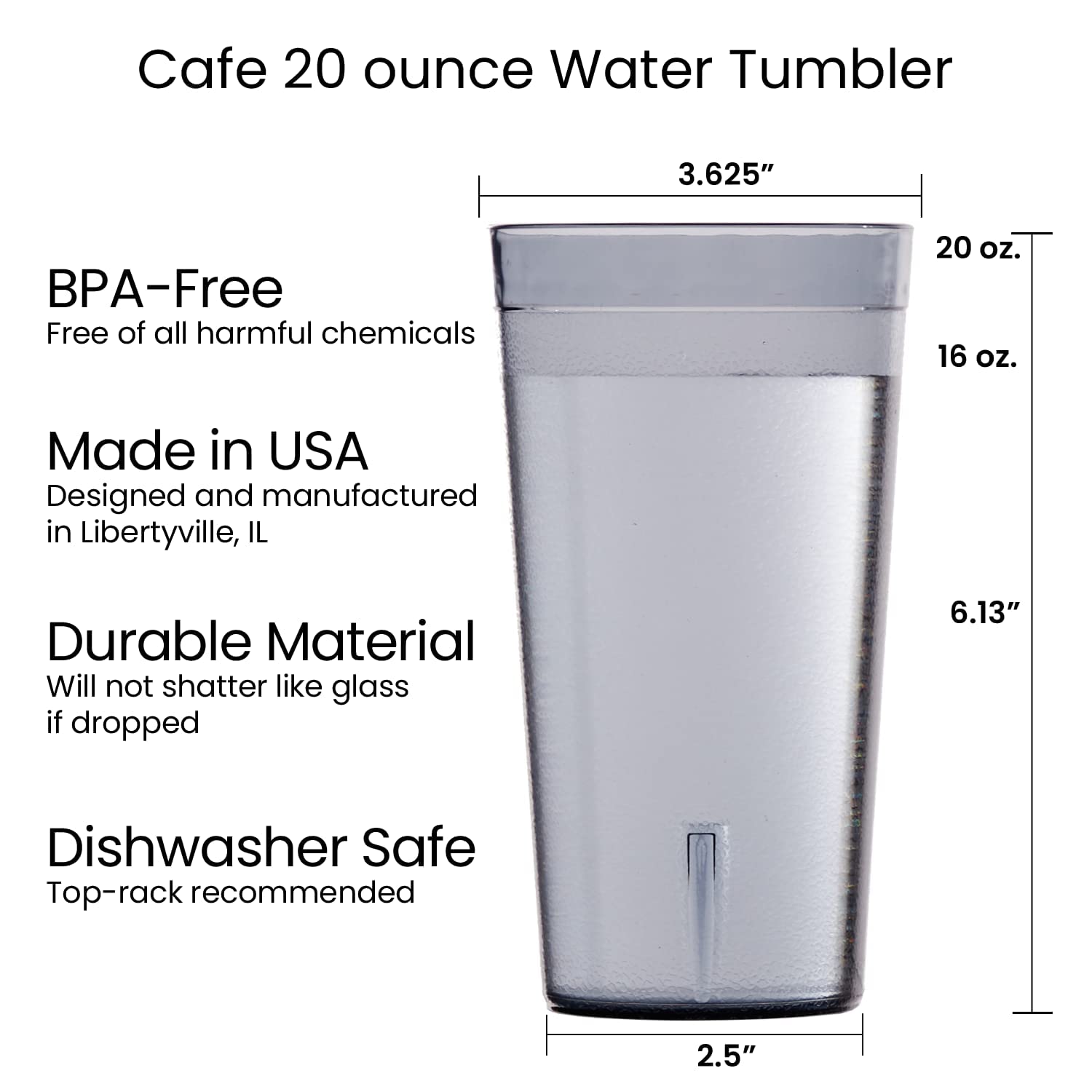 US Acrylic Cafe Plastic Reusable Tumblers (Set of 16) 20-ounce Water Cups in Grey | Value Set of Restaurant Style Drinking Glasses, Stackable, BPA-free, Made in the USA | Top-rack Dishwasher Safe