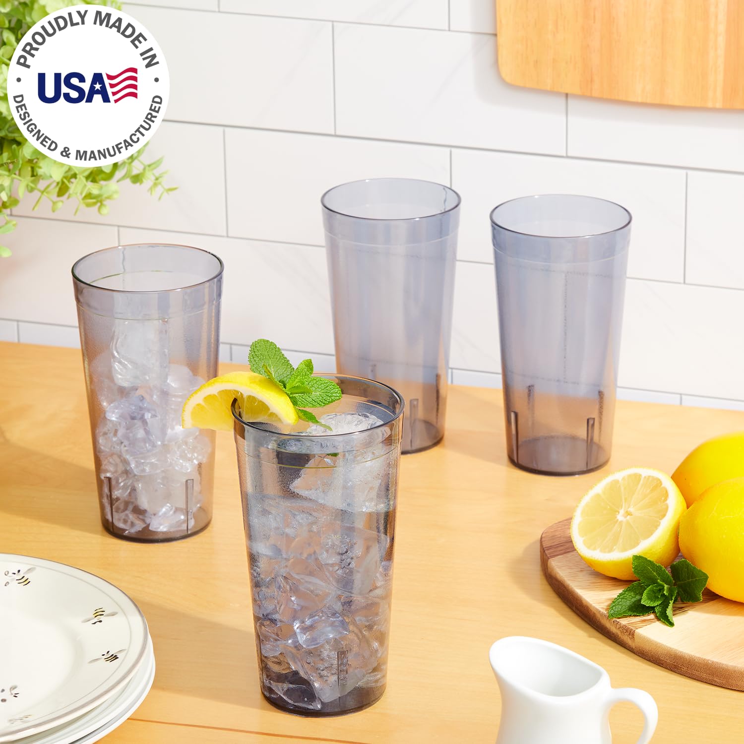 US Acrylic Cafe Plastic Reusable Tumblers (Set of 16) 20-ounce Water Cups in Grey | Value Set of Restaurant Style Drinking Glasses, Stackable, BPA-free, Made in the USA | Top-rack Dishwasher Safe